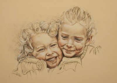 Sisters, a portrait drawing in tinted charcoal on coloured paper